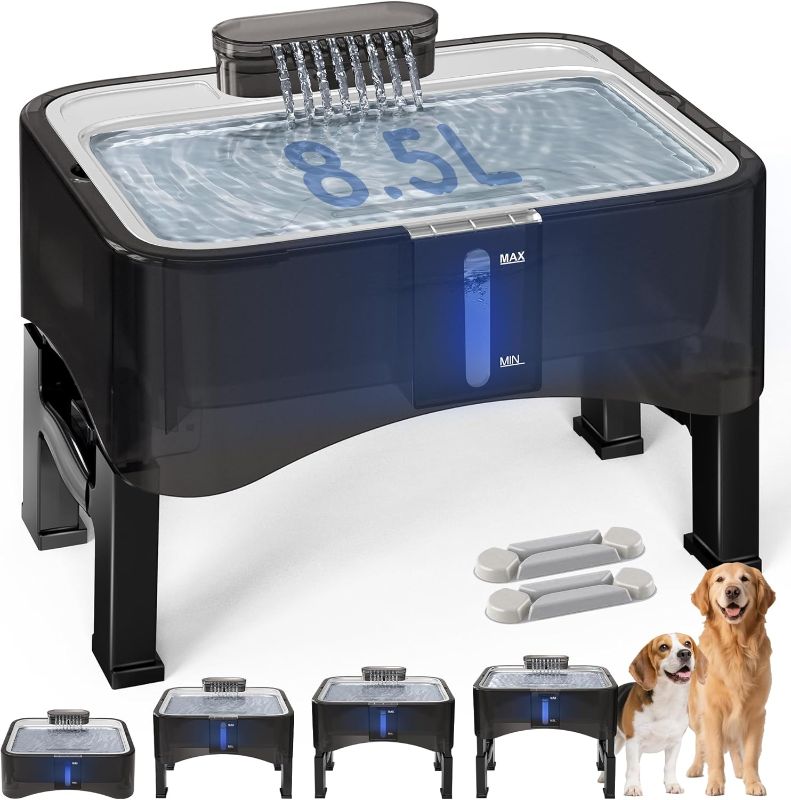 Photo 1 of UPSKY 2.25Gal Elevated Dog Water Fountain, 4 Heights Adjustable Pet Fountain for All Dog Sizes, 304 Stainless Steel Tray Indoor Cat Drinking Dispenser with Ultra-Quiet Pump & 2 Replacement Filters
