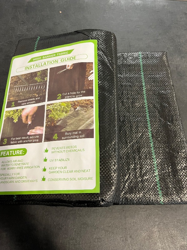 Photo 1 of 3x100ft  Barrier Landscape Fabric, 3.2oz Heavy Duty Durable Woven Geotextile Fabric, High Permeability Ground Cover Mat, Driveway Fabric, Garden Weed Control Cloth with 10 U-Securing Pegs