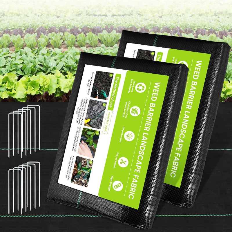 Photo 1 of 3x100ft  Barrier Landscape Fabric, 3.2oz Heavy Duty Durable Woven Geotextile Fabric, High Permeability Ground Cover Mat, Driveway Fabric, Garden Weed Control Cloth with 10 U-Securing Pegs