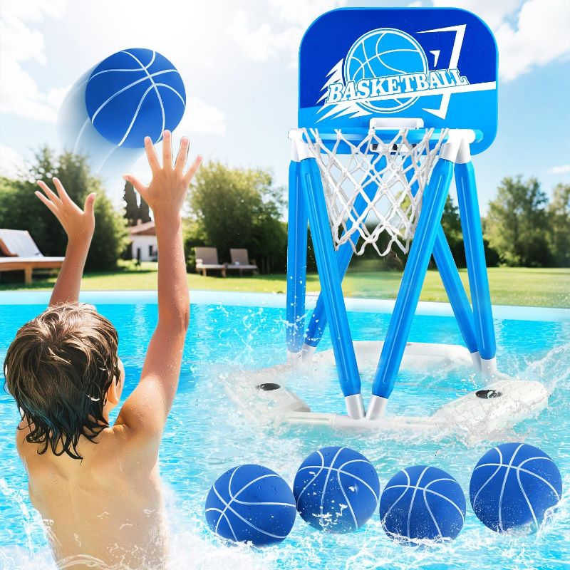 Photo 1 of Missing Two Balls and Pump ** 
Pool Basketball Hoop, Floating Basketball Hoop Toy for Pool Water Game with 4 Basketballs Summer Swimming Pool Games for Kids 3-12 Indoor Outdoor Play (Blue)
