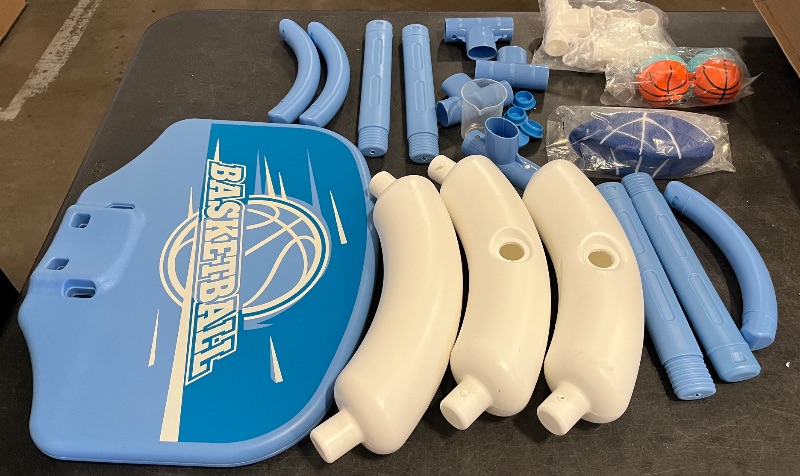 Photo 1 of Missing Two Balls and Pump ** 
Pool Basketball Hoop, Floating Basketball Hoop Toy for Pool Water Game with 4 Basketballs Summer Swimming Pool Games for Kids 3-12 Indoor Outdoor Play (Blue)

