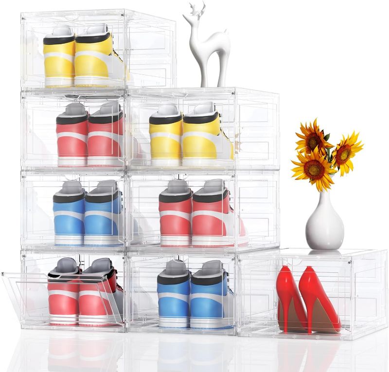 Photo 1 of One Minor Damaged** 
XL Large 8 Pack Shoe Storage Organizer Clear Plastic Boxes Stackable Thicken Material Easy to Assemble Fit Sneaker Storage Size 12 13 14,Plastic Shoe Storage Organizer for Closet with Lids and Door
