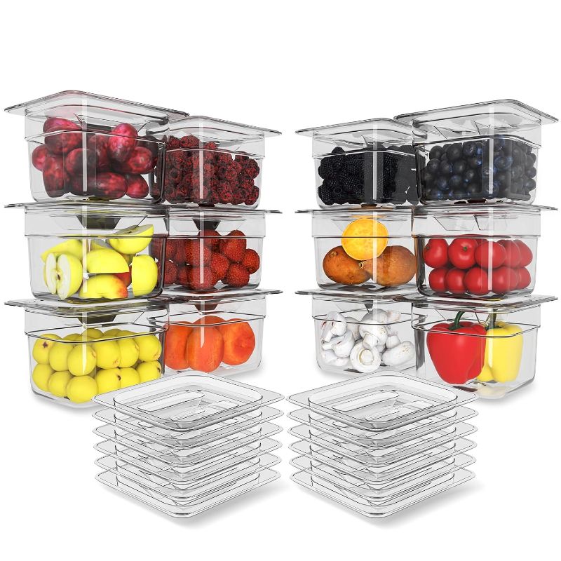 Photo 1 of 12 Pack Plastic Food Pan with Lid 1/6 Size 4 Inch Deep Restaurant Clear Food Storage Containers Polycarbonate Commercial Hotel Pans for Fruits Vegetables Beans Corns (12 PCS, 4'' Deep)
