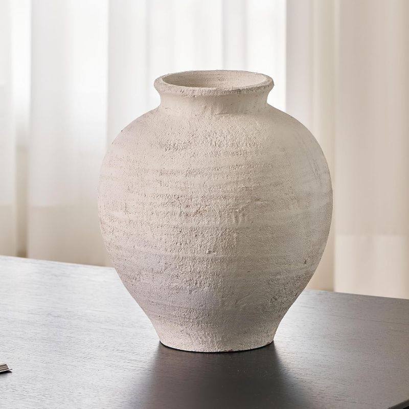 Photo 1 of LB2 Large White Ceramic Vase, 11" Tall Zen Style vase, Terra Cotta Pitcher Vase, Distressed Farmhouse Decor, Pottery Decorative Flower for Home Decor