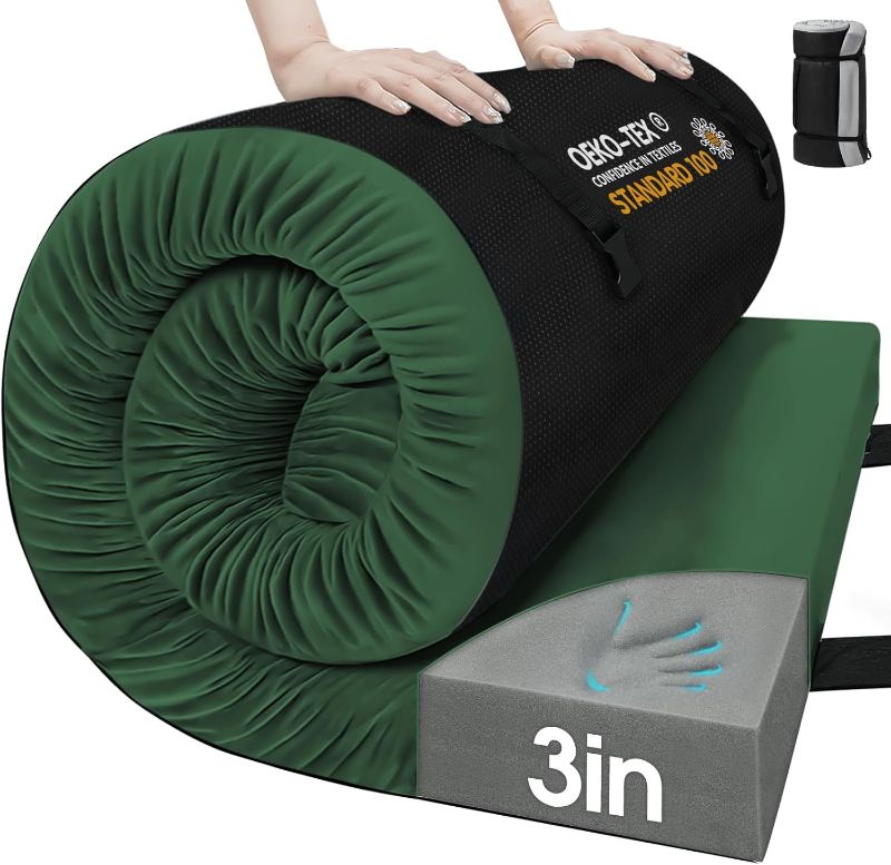 Photo 1 of USED CYMULA Memory Foam Camping Mattress Pad,3inch Sleeping Pad for Camping,Non-Slip Bottom Floor Cot Car Mattress Bed with Retaining Portable Roll up Mattress Pad Mat for Travel Truck Guest Bed Tent
