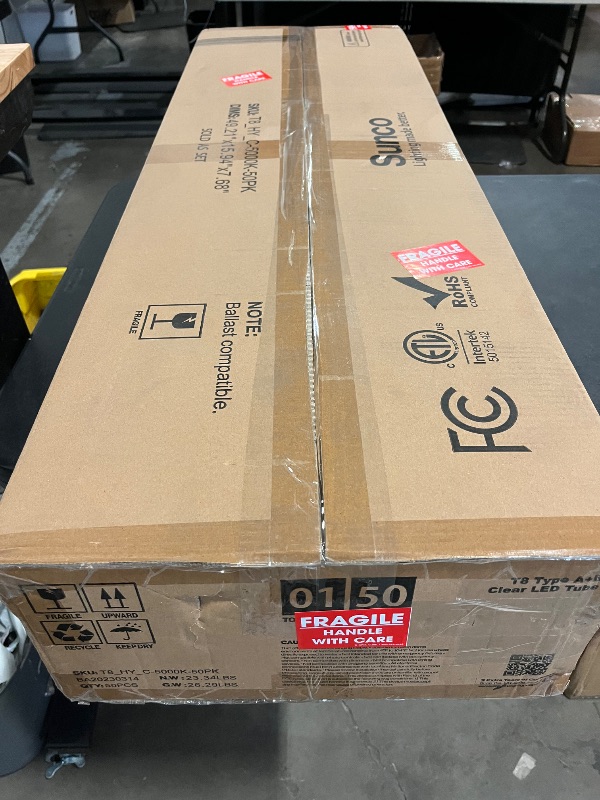 Photo 1 of Sunco 50 Pack T8 LED Bulbs 4 Foot, Tube Light Bulbs Ballast Bypass, 48 Inch Fluorescent Replacement, 2200 LM, 18W, 6000K Daylight Deluxe, Single Ended Power, Type B, Clear Lens UL.

