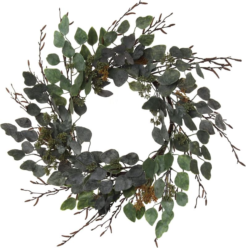 Photo 1 of Artificial Eucalyptus Wreath - 24" Wide - UV Resistant - Indoor/Outdoor Front Door Spring & Summer Wreath with Hanging Loop - Home & Office Decor
