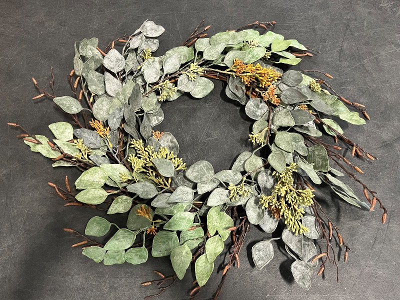 Photo 1 of Artificial Eucalyptus Wreath - 24" Wide - UV Resistant - Indoor/Outdoor Front Door Spring & Summer Wreath with Hanging Loop - Home & Office Decor
