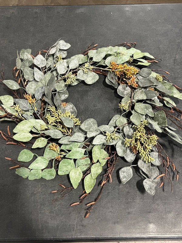Photo 1 of Artificial Eucalyptus Wreath - 24" Wide - UV Resistant - Indoor/Outdoor Front Door Spring & Summer Wreath with Hanging Loop - Home & Office Decor
