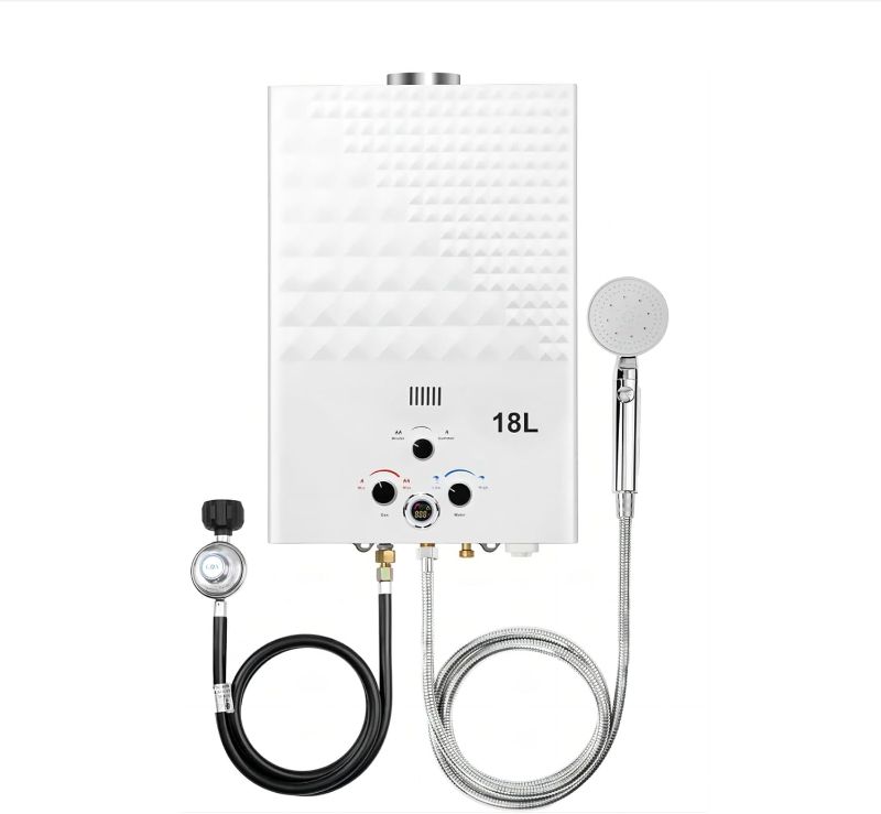 Photo 1 of Tankless Water Heater Propane, 18L 4.74GPM Propane Hot Water Heater, Instant Gas Water Heater Outdoor for RV Camping Boat Cabin, Digital Display Overheating Protection (White)
