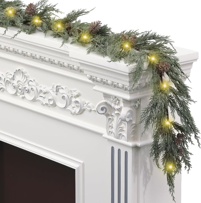 Photo 1 of 6 Ft Realistic Christmas Garland with Lights, 30 Warm Lights with 8 Light Modes,Prelit Garland with Pine Cones,Lighted Christmas Garland, Garlands for Decoration Christmas?Outdoor Garland with Lights
