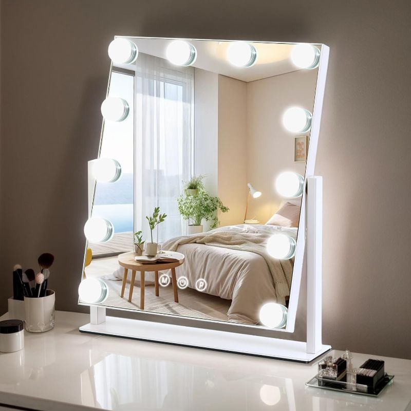 Photo 1 of Vanity Mirror with Lights, 13'' x 11'' Lighted Makeup Mirror for Desk, Hollywood Mirror with 12 Dimmable Bulbs, 3 Color Modes, Smart Touch Control, 360°Rotation
