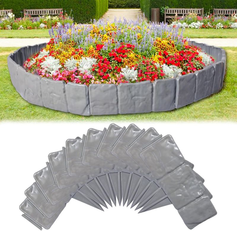 Photo 1 of Garden Edging Border NO DIG, 32FT Landscaping Border Edging for Flower Bed Edging Borders, Interlocking Yard Lawn Edging for Flower Bed (Gray, 40 PCS)
