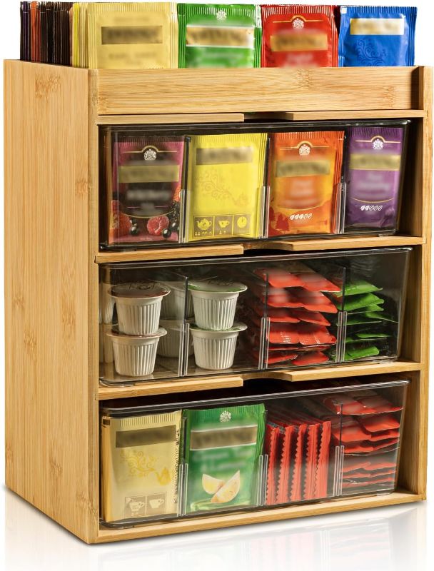 Photo 1 of Tea Bag Organizer - Bamboo Tea Storage With Drawer 3 Layer, Organizer for Tea Bags Natural Wood & Acrylic for Countertop Office Kitchen Cabinet Pantry
