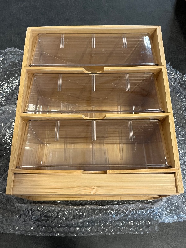 Photo 1 of Tea Bag Organizer - Bamboo Tea Storage With Drawer 3 Layer, Organizer for Tea Bags Natural Wood & Acrylic for Countertop Office Kitchen Cabinet Pantry

