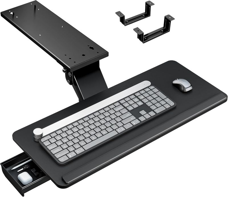 Photo 1 of Keyboard Tray Under Desk with Storage Drawer, Height Adjustable Keyboard Tray Slide Out Swivel Tilt, Ergonomic Under Desk Mount Keyboard & Mouse Holder for Gaming Home Office, 25x11'', Black
