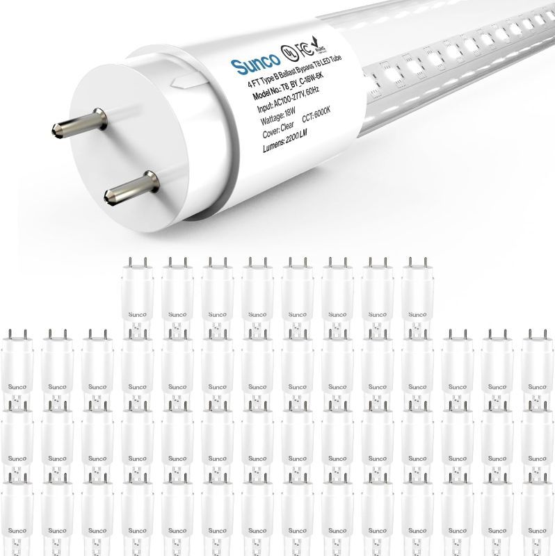 Photo 1 of Sunco 50 Pack T8 LED Bulbs 4 Foot, Tube Light Bulbs Ballast Bypass, 48 Inch Fluorescent Replacement, 2200 LM, 18W, 6000K Daylight Deluxe, Single Ended Power, Type B, Clear Lens UL.
