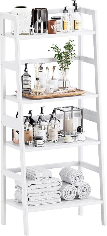 Photo 1 of HITNET White Ladder Bookshelf, Leaning Bookcase, 4-Tier Bamboo Shelf, Floor Standing Storage Shelving Unit, Open Display Book Shelves
