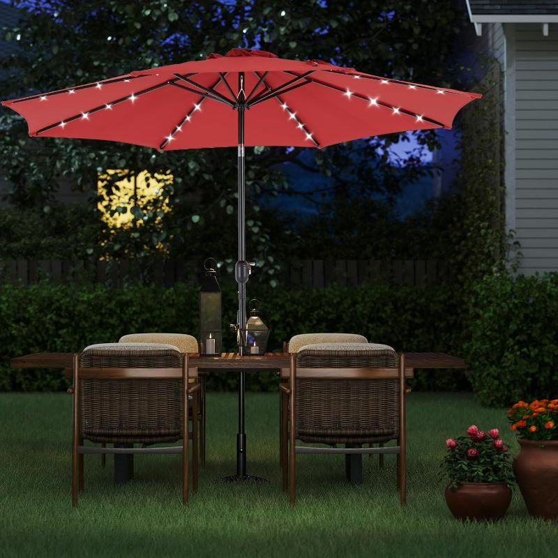 Photo 1 of 10FT Solar Patio Umbrella with Lights, Tilt and Crank Button, 8 Sturdy Ribs Waterproof, 32 LED Patio Table Umbrellas Sun Shade for Poolside, Terrace, Beach and Outdoor Restaurant, Red