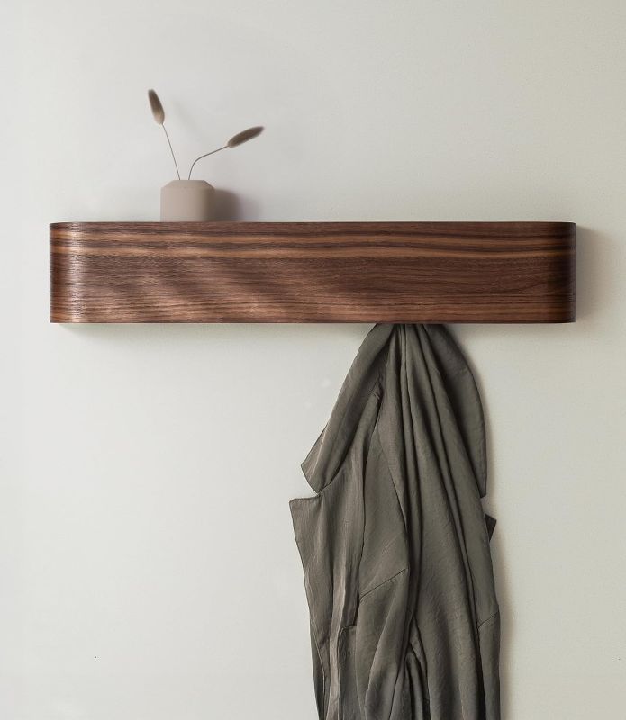 Photo 1 of Kazai. Wall-Mounted Coat Rack 'Toke' - Modern Design Coat Rack with Hidden Wall Hooks - Solid Wood Veneer Panel Coat Hanger - Walnut

