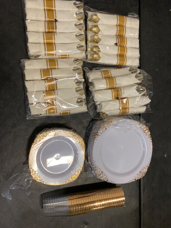 Photo 1 of Nervure 350PCS Gold Plastic Plates - Gold Plastic Dinnerware Sets for 50 Guests - 100 Disposable Plates, 150 Silverware, 50 Cups, 50 Napkins for Wedding & Party & Thanksgiving