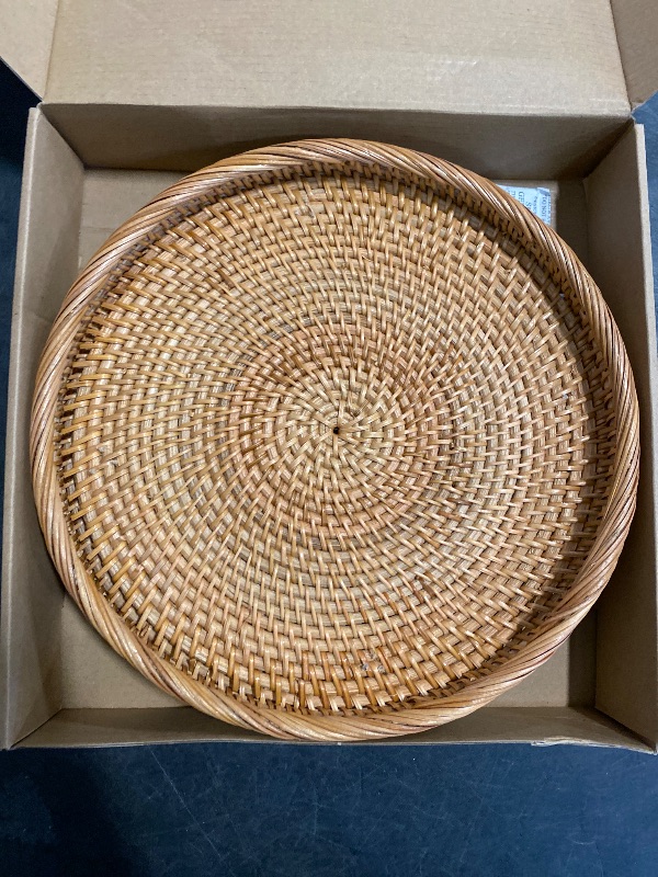 Photo 1 of i-lan 12.5 Inch Round Rattan Serving Basket-Round Woven Bread, Fruit, Keys Bowl Pedestal Stand with 1”Side, Flat Wicker Decorative Snack Basket Trays for Candy Dish, Rustic Platter, Display Riser