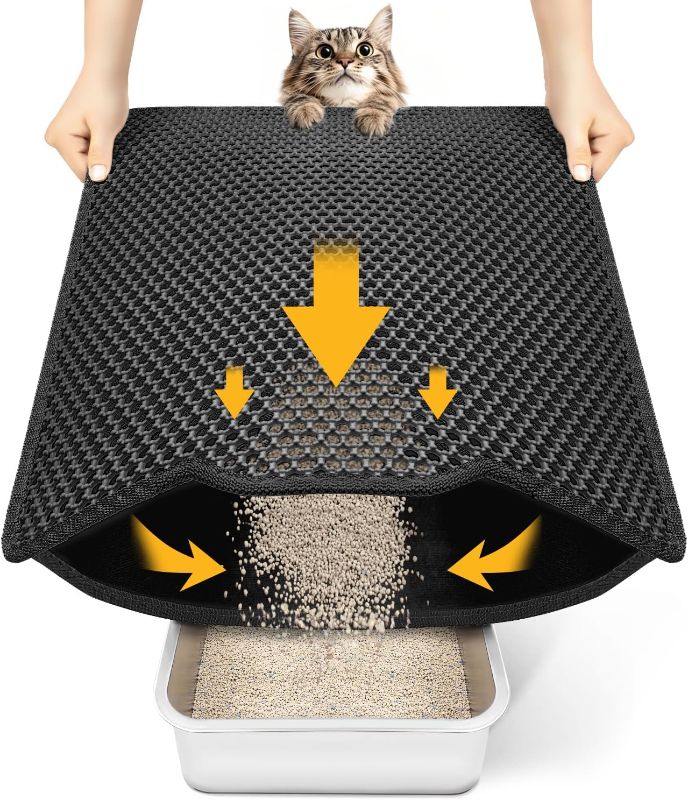 Photo 1 of Cat Litter Mat Compact Size 23.6"x14.6" for Small Spaces, Upgrade Waterproof Leakproof Back Layer, Honeycomb Trapping Mat, Washable, Easy to Clean, Scatter Control Kitty Litter Matt, Black