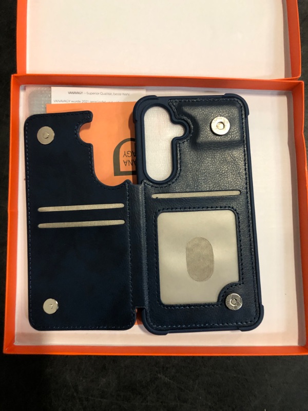 Photo 1 of VANAVAGY Wallet Case Compatible for Galaxy S25 for Women Men, PU Leather Phone Cover with Magnetic Clasp Kickstand Shockproof Case with RFID Blocking Card Holder for S25 6.2 inch, Navy Blue