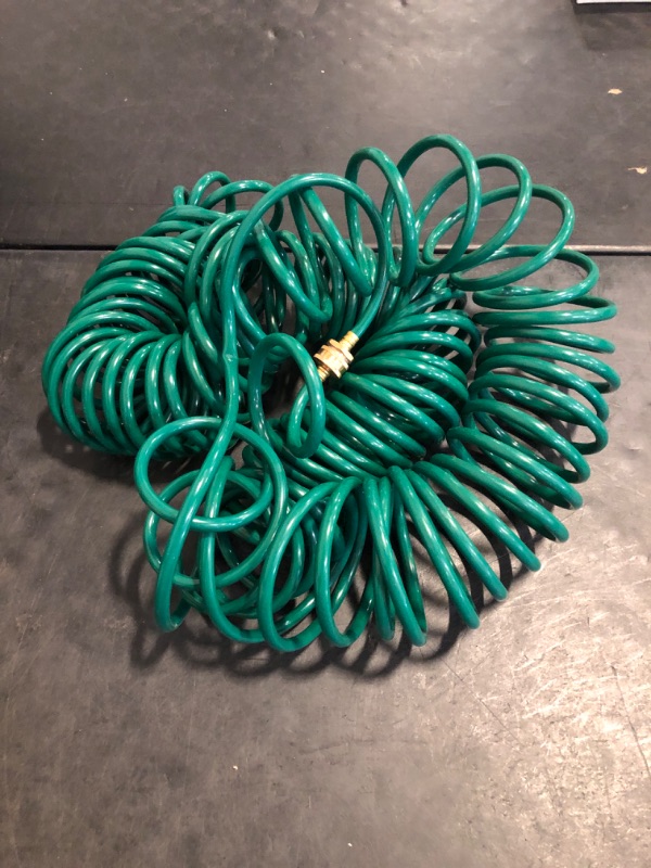 Photo 1 of Pangda 100 Ft x 3/8'' Coil Garden Hose EVA Recoil Garden Self Coiling Expanding Water Hose with 6 Function Spray Nozzle Universal 3/4'' Brass Connector Fitting for Outdoor Yard(Green)