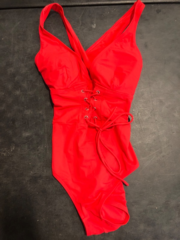 Photo 1 of (M) SHAPELLX Tummy Control Swim Suits Push Up Bathing Suits with Built-in Bra Slimming Swimwear for Women V Neck Red M