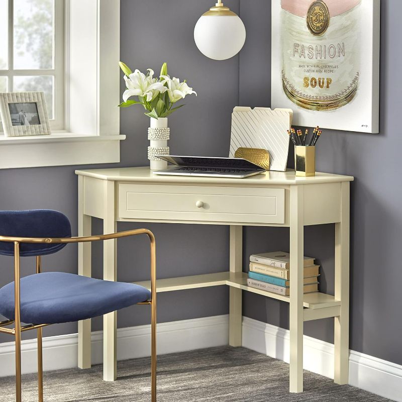Photo 1 of Ellen Wood Small Corner Desk with Wooden Knob Storage Drawer and Shelf – Compact Computer Table for Home Office, Bedroom, or Study (Antique White)