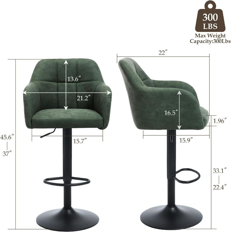 Photo 1 of Modern Swivel Barstools Set of 2 Faux Leather Adjustable Height Barstools with Armrest Upholstered Adjustable Bar Chair with Metal Base Footrest for Kitchen Island/Home Bar/Dining Room, Green