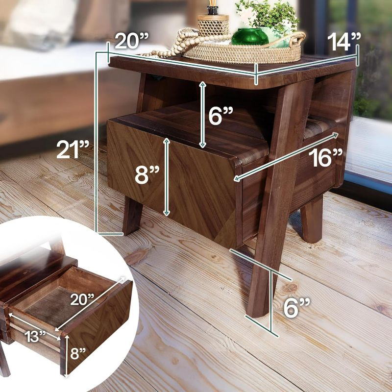Photo 1 of Rum Solid Acacia Wood Nightstand, Mid-Century Art Deco Bedside Table with Drawer & Open Shelf, Handcrafted Wood Grain End Table, Scratch & Water-Resistant, Durable & Easy Assembly, Walnut