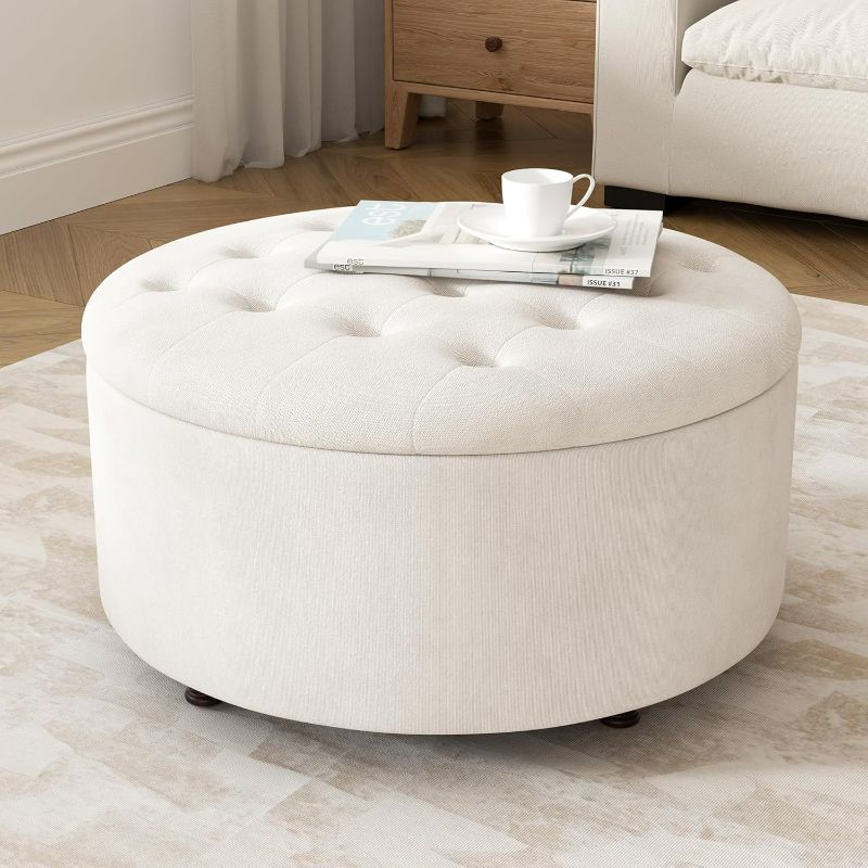 Photo 1 of 30 Inch Round Storage Ottoman,Modern Tufted Ottomans,Circular Coffee Table with Removable Top,Upholstered Large Ottoman with Storage Footrest Stool for Bedroom Living Room (White)