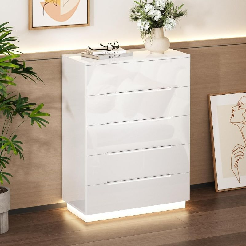Photo 1 of FUFU&GAGA Glossy Dresser with Lights, White Chest of Drawers, High Gloss Modern 5 Drawer Storage, 42.6” Tall Double Dressers for Bedroom Living Room Hallway, 31.5”W x 15.7”D x 42.6”H

