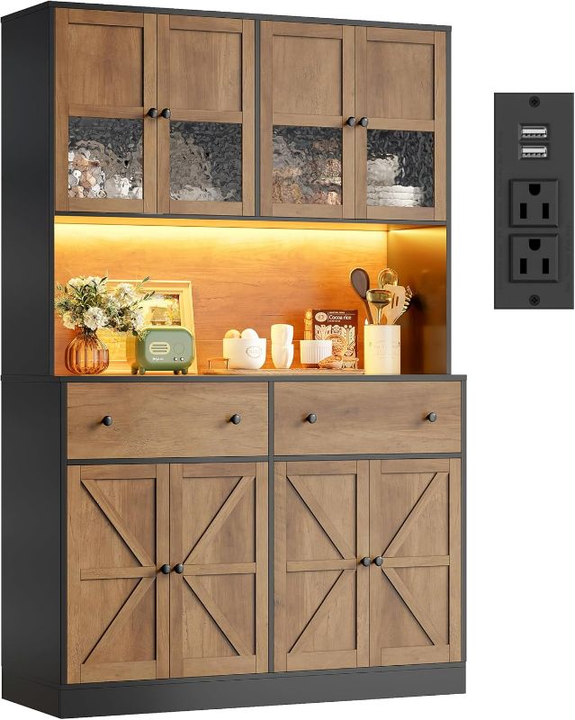 Photo 1 of FINETONES 71" Pantry Cabinet with LED Light and Charging Station, Farmhouse Kitchen Pantry Cabinet with Microwave Stand, 47.2" Wide Kitchen Hutch Food Pantry with Open Countertop, Black/Brown