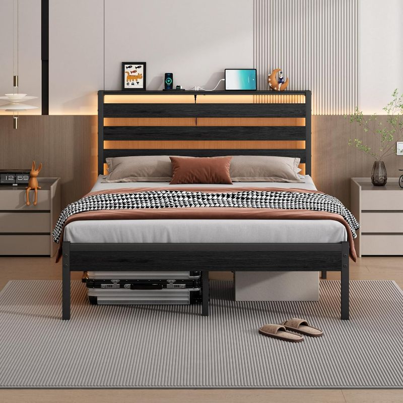 Photo 1 of 14 Inch Classic Metal Platform Bed Frame-Full Size Bed Frame with Headboard,Steel Slats Support-LED Bed Frame with USB Charging Station,Under Bed Storage,No Box Spring Needed,Noise Free