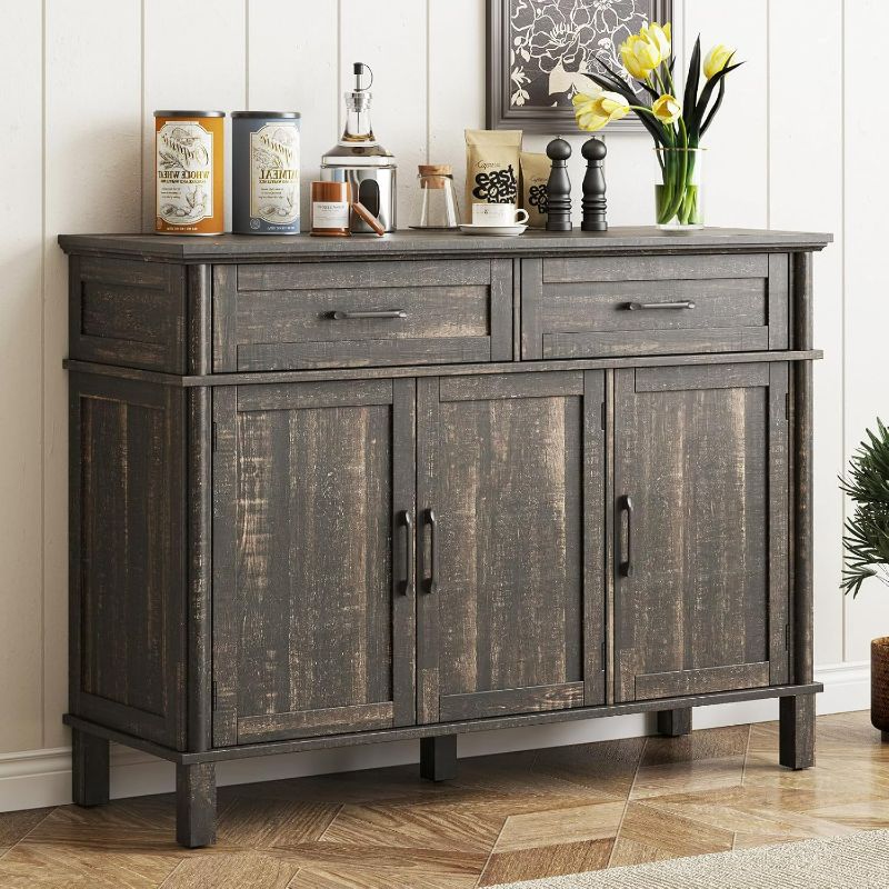 Photo 1 of 48 Inches Buffet Cabinet with Storage, Farmhouse Sideboard Buffet w/2 Drawers and 3 Doors, Wood Coffee Bar Cabinet with Adjustable Shelves, Sideboard Storage for Kitchen, Living Room, Rustic 