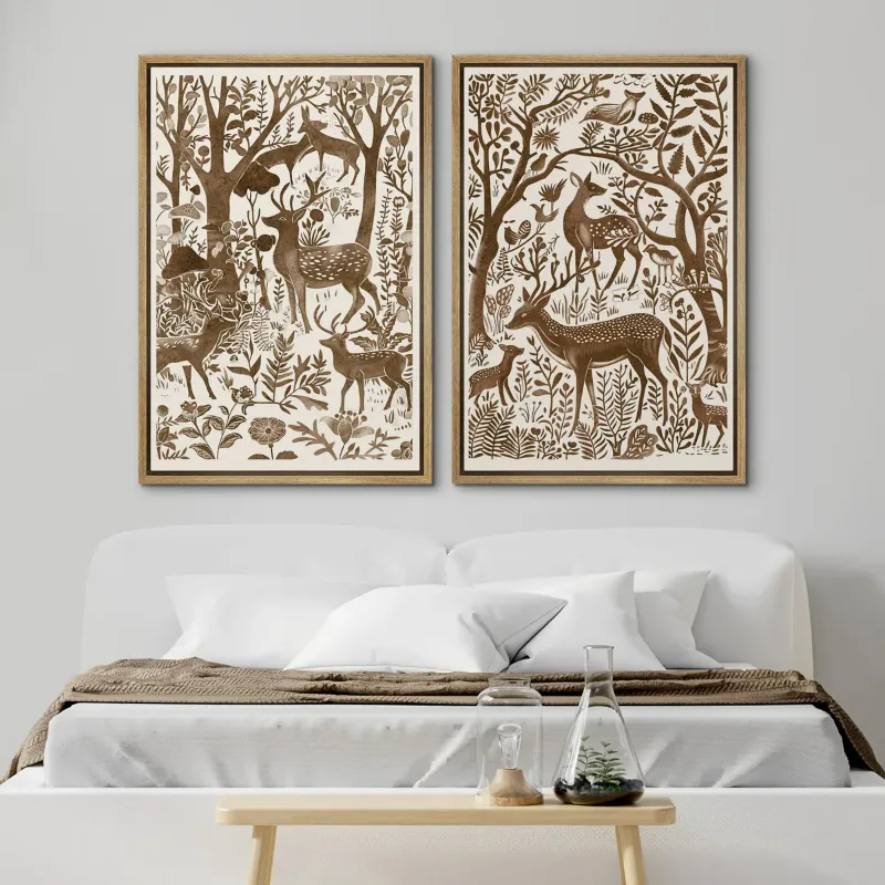 Photo 1 of Watercolor Brown Deer In the Forest Animal Botanical Rustic Wall Art Framed Canvas Print
