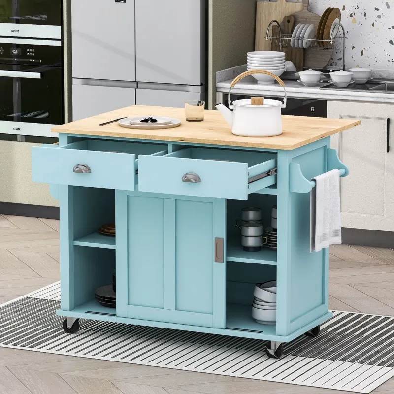 Photo 1 of Mint Green Yocelin Kitchen Cart with Drop-Leaf Countertop, Kitchen Island on 4 Wheels with 2 Drawers
