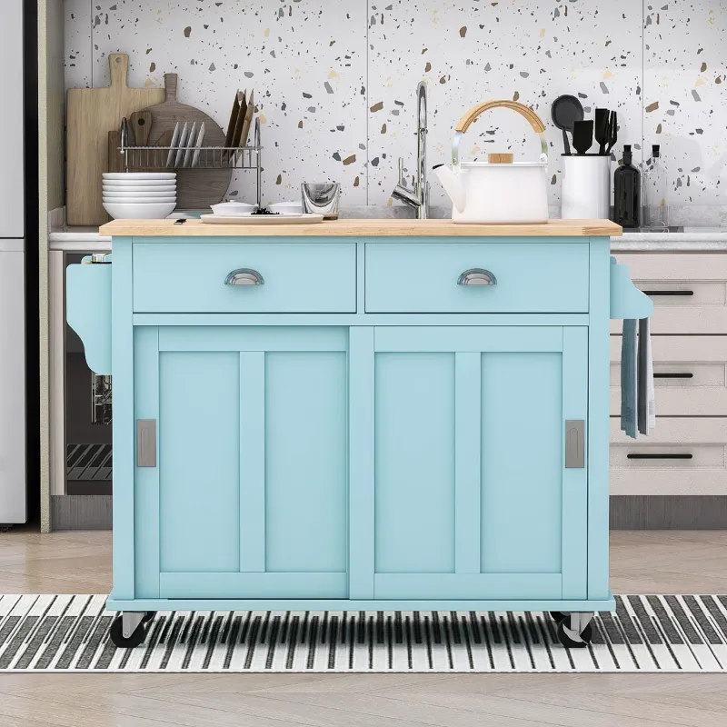 Photo 1 of Mint Green Yocelin Kitchen Cart with Drop-Leaf Countertop, Kitchen Island on 4 Wheels with 2 Drawers