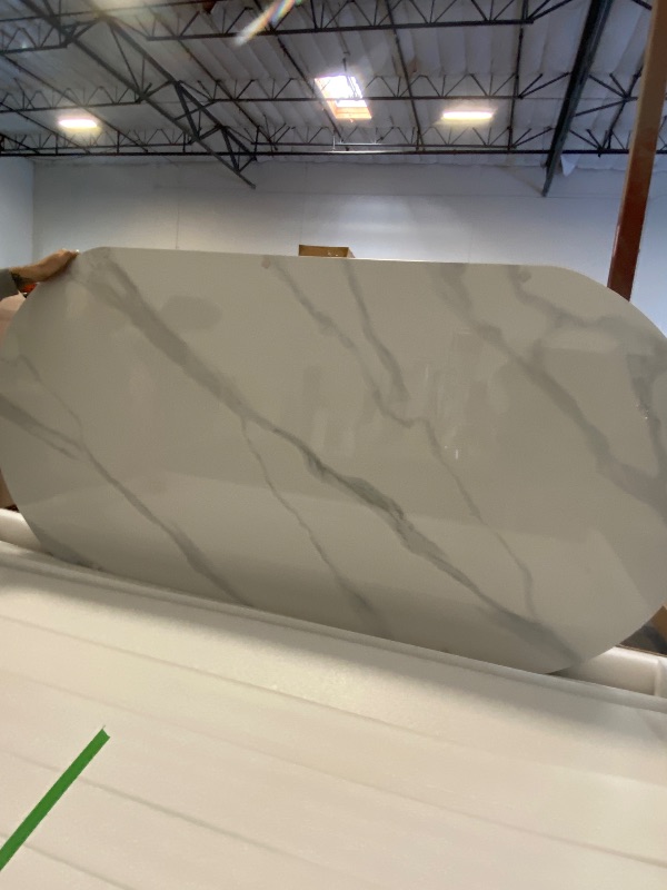 Photo 1 of (Box 1 of 2 * Stone Top Only) Maxsony 71" Mid Century Dining Table with Glossy Stone Tabletop, Rectangular Kitchen Table with Solid Wood Double Pedestal for 6