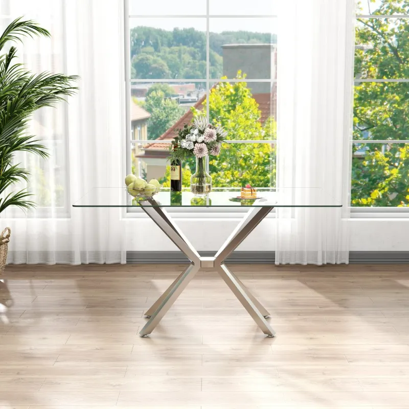 Photo 1 of (Tabletop Only,  1 of 2 Boxes LEO-4-DIN-TBL-TOP)  47.24" Modern Rectangular Glass Dining Table with Tempered Glass Top and Metal Legs - Perfect for Home, Kitchen, Dining Room
