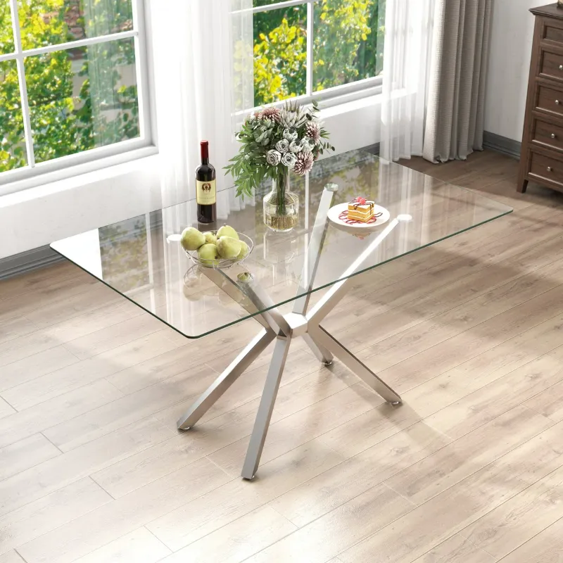 Photo 1 of (Tabletop Only,  1 of 2 Boxes LEO-4-DIN-TBL-TOP)  47.24" Modern Rectangular Glass Dining Table with Tempered Glass Top and Metal Legs - Perfect for Home, Kitchen, Dining Room
