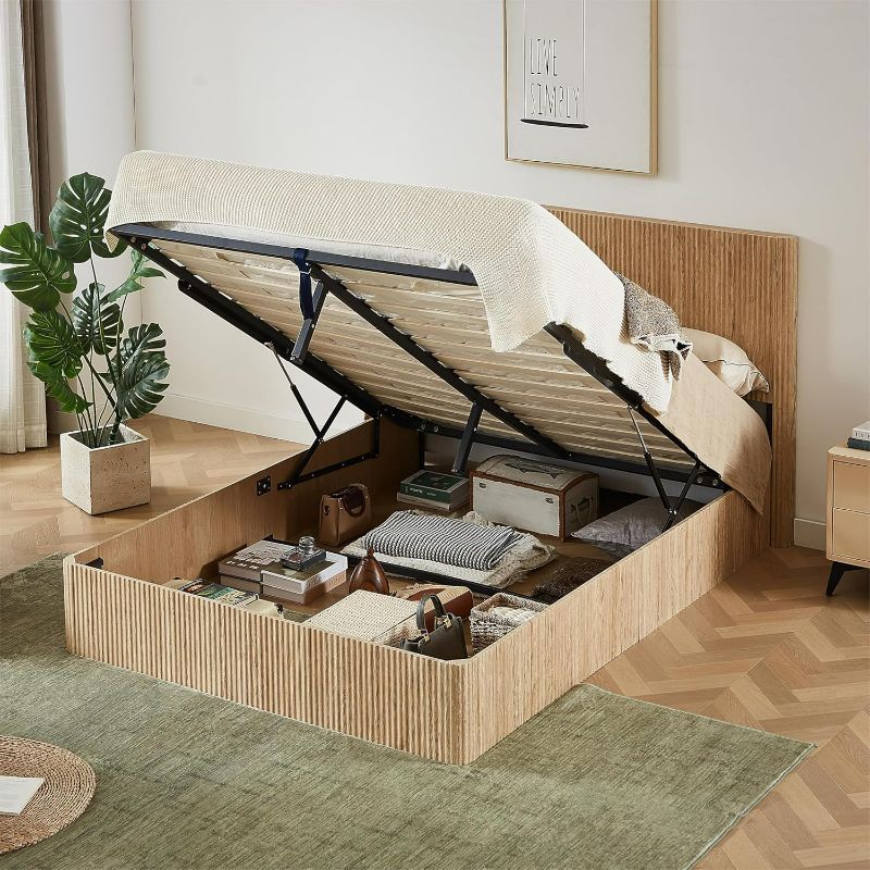 Photo 1 of Lift Up Storage Bed Frame Wooden corrugated curved lines No Box Spring Needed
