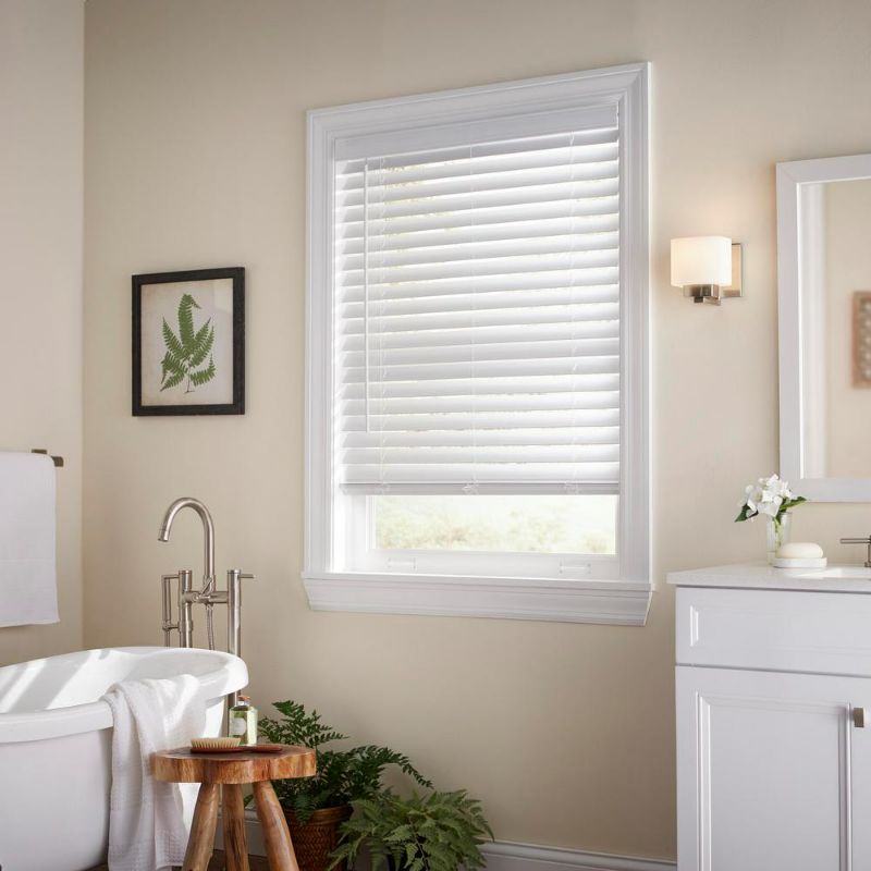 Photo 1 of Size 36 in. W X 48 in. L)White Cordless Faux Wood Blinds for Windows with 2 in. Slats - 36.5 in. W X 48 in.