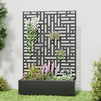 Photo 1 of 72 in. x 47 in. Black Outdoor Metal Privacy Screen Raised Planter Box Wall Decor
