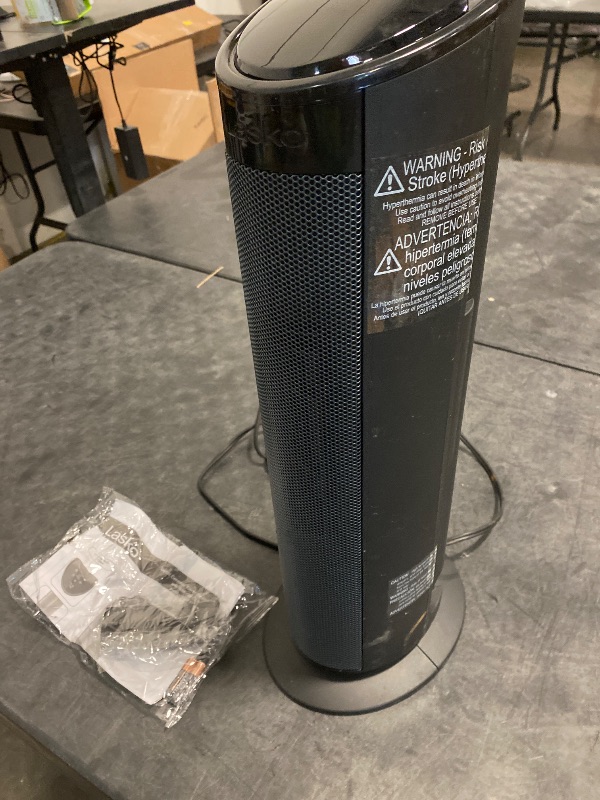 Photo 1 of 1500W 22 in. Black Indoor Electric Tower Ceramic Forced Air Ceramic Space Heater with Child Lock, 3-Speeds, and Remote