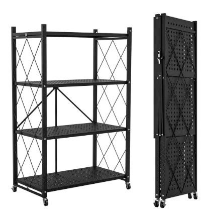 Photo 1 of Foldable Storage Shelf with Wheels — Metal Collapsible Shelving Unit, Rolling Cart for Kitchen Pantry, Closet & Office Storage, 4-Tier Powder-Coated Mobile Organizer (90 lb/level)?Black