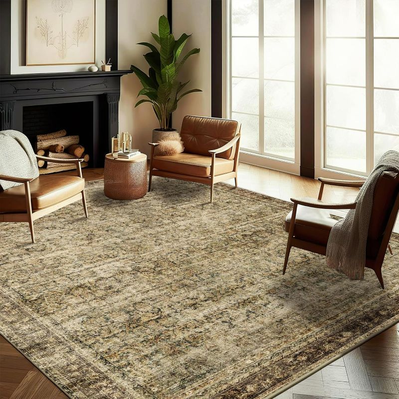 Photo 1 of Area Rug 8x10 Washable Rug Brown Vintage Traditional Mat Distressed Indoor Foldable Thin Retro Accent Floral Non Slip Carpet Living Room Dining Room Office